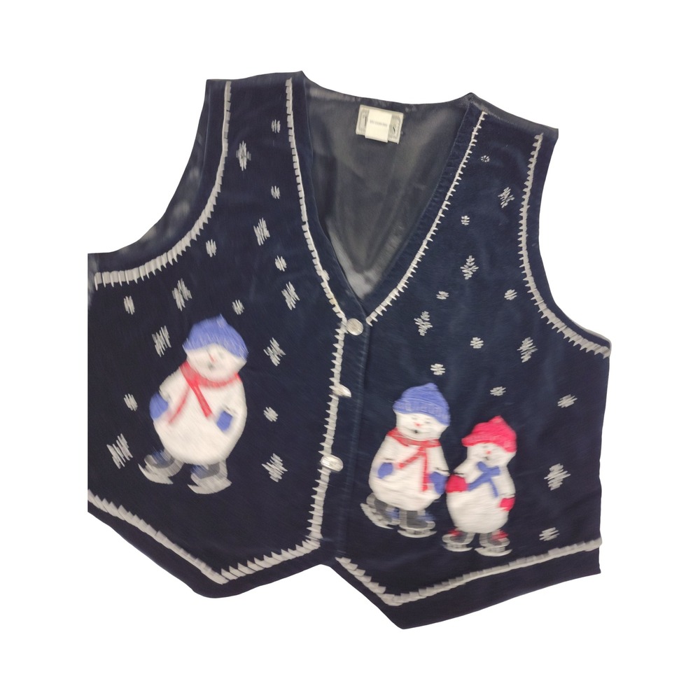 TanTrums Vintage Navy Velvet Snowman Christmas Vest Large Ice‎ Skating Snowflake